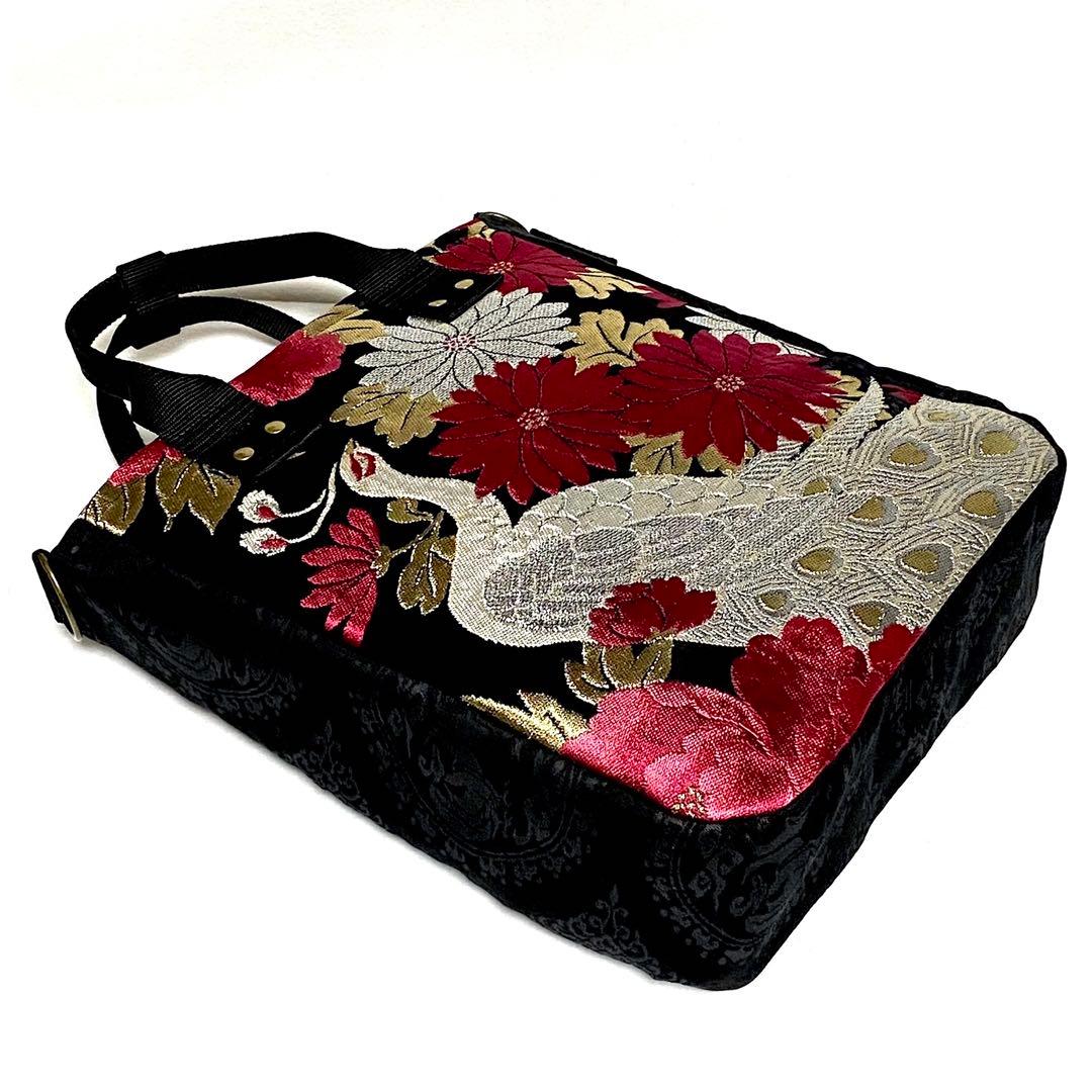 378 帯リメイク　白孔雀の縦型リュック　3wayバッグ　匿名配送