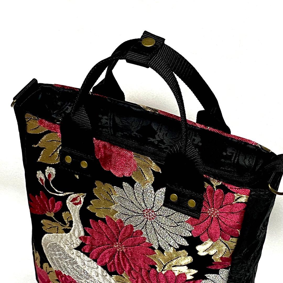 378 帯リメイク　白孔雀の縦型リュック　3wayバッグ　匿名配送