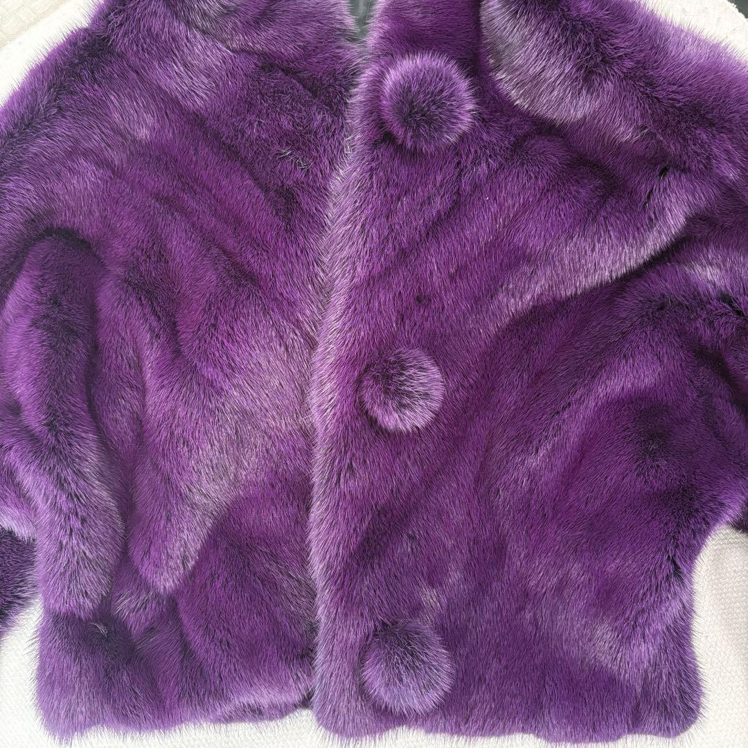 ミンク 毛皮 ショートコート フード付 紫 サイズ6