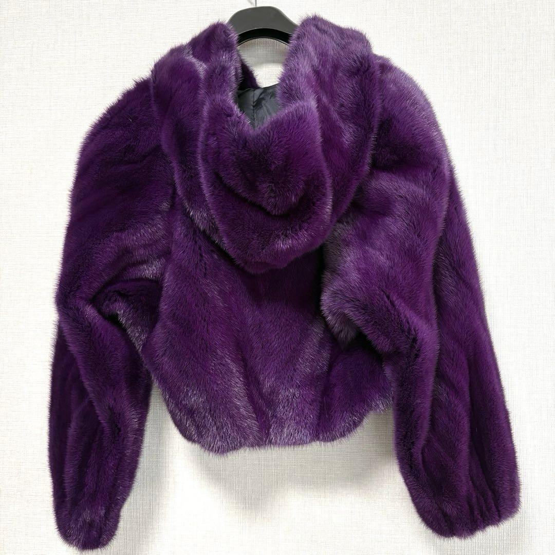 ミンク 毛皮 ショートコート フード付 紫 サイズ6