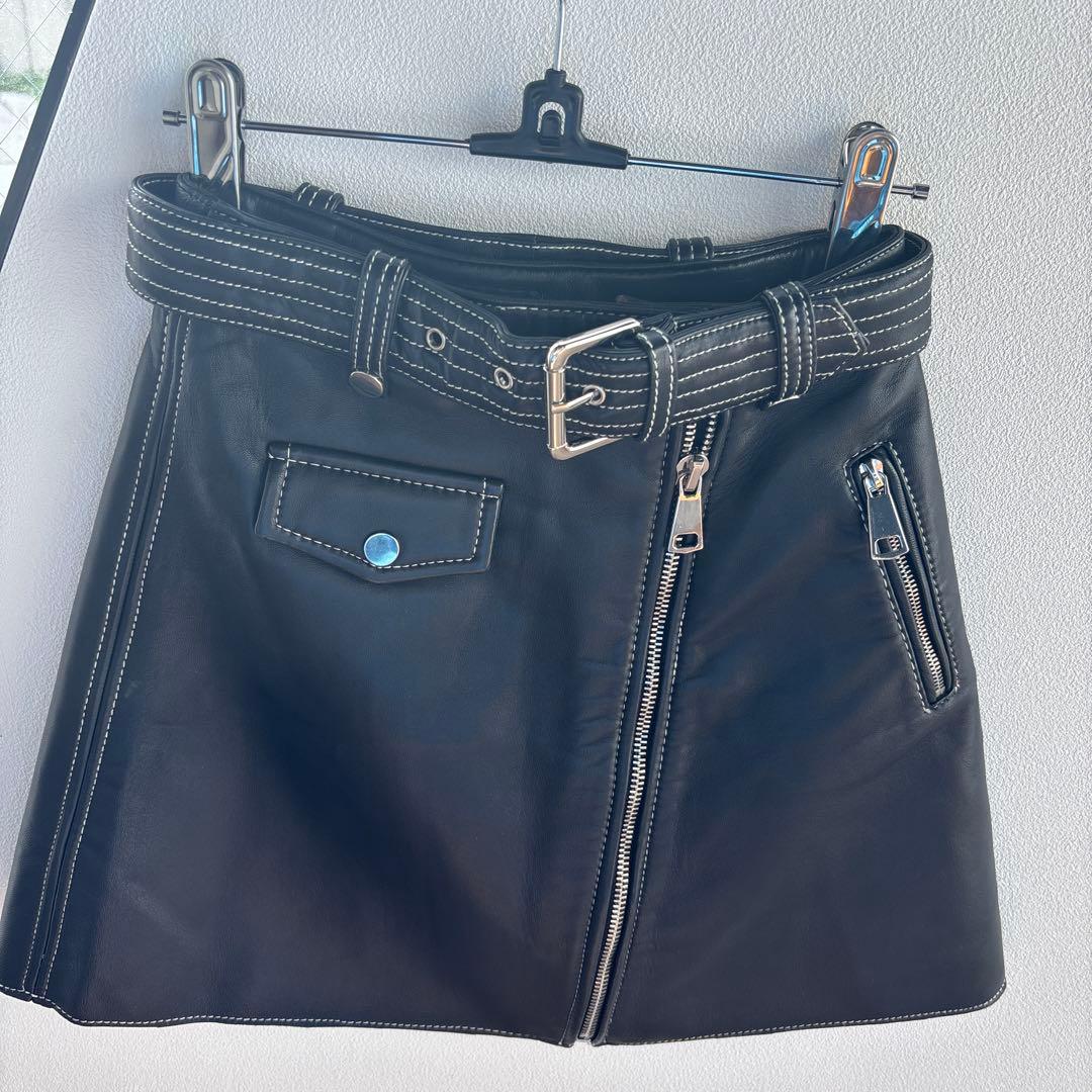 maje レザー　台形　ミニスカート　34 ベルト付き　マージュ　ブラック