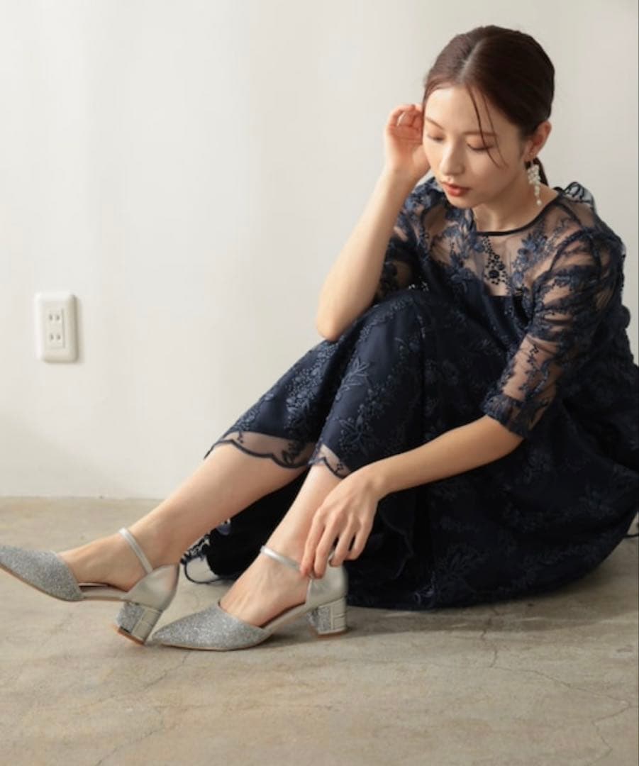 プレフェリール　結婚式　ネイビー　ドレス チュール　刺繍　レース　バックリボン