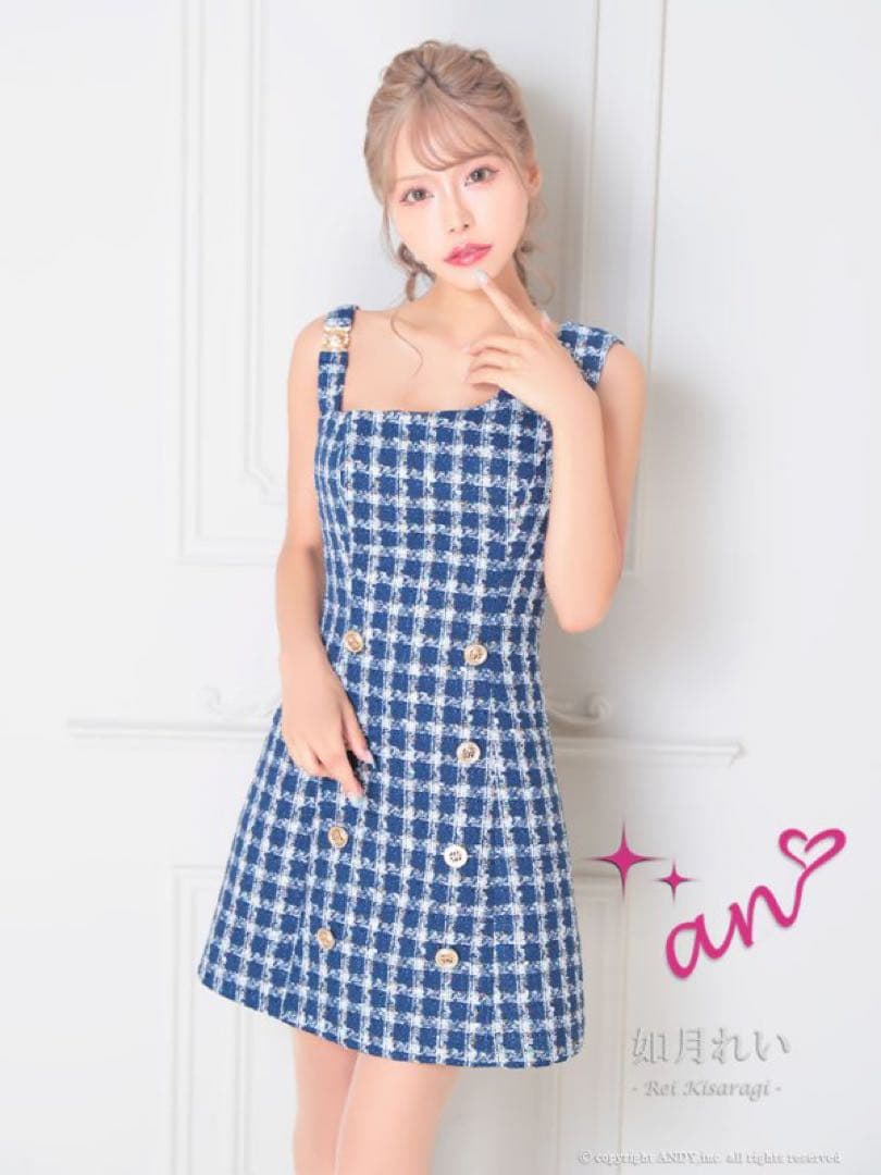 an キャバドレス　チェック　ツイード　ボタンデザイン