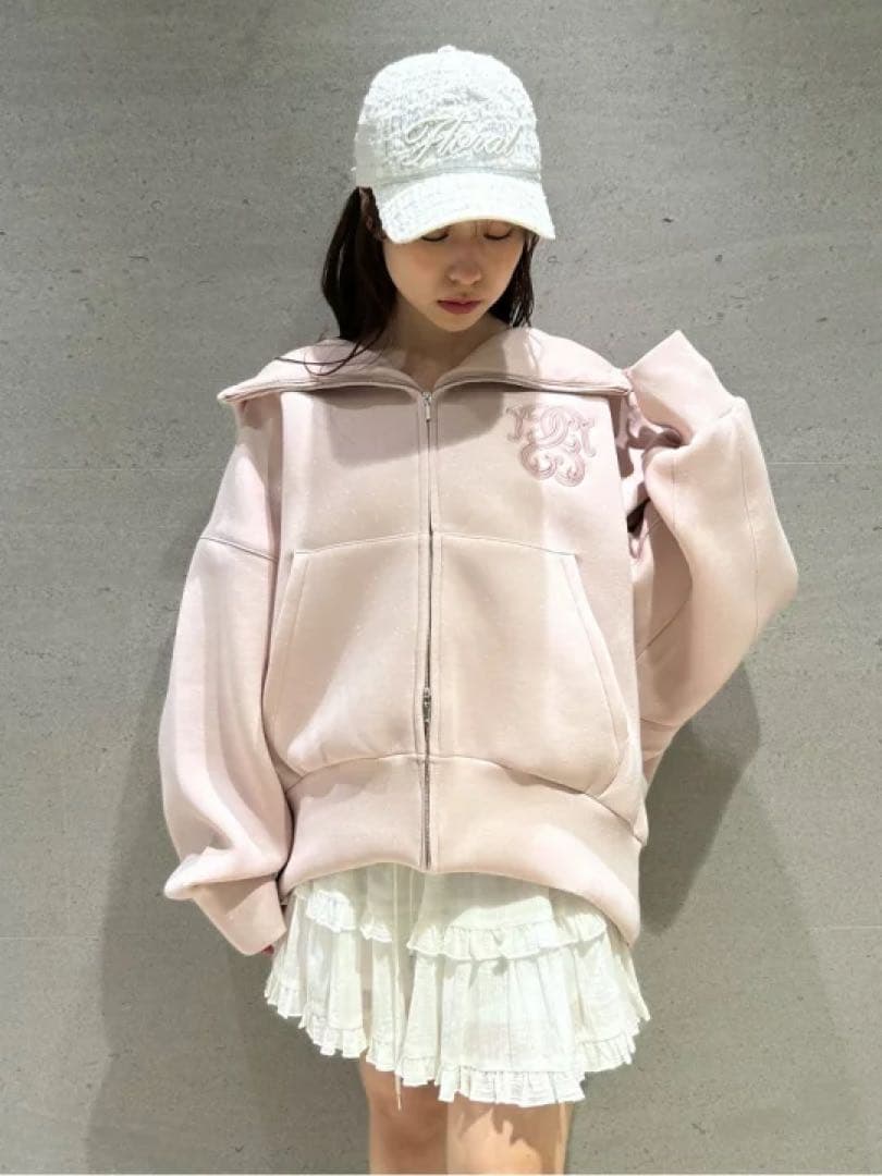 ピンク フード付き ジップアップパーカー