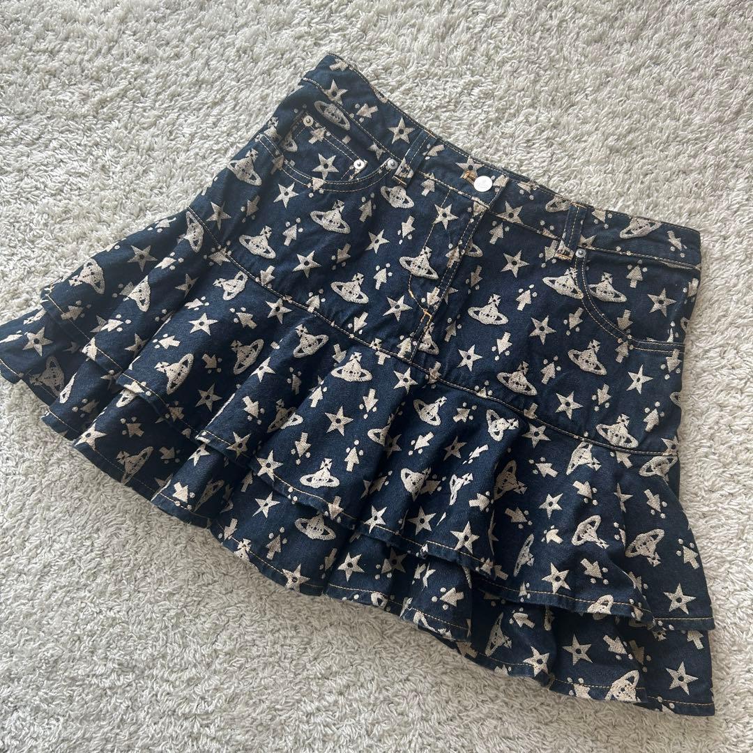 ヴィヴィアンウエストウッド　オーブ ミニスカート　フリル　デニム　総柄　RED