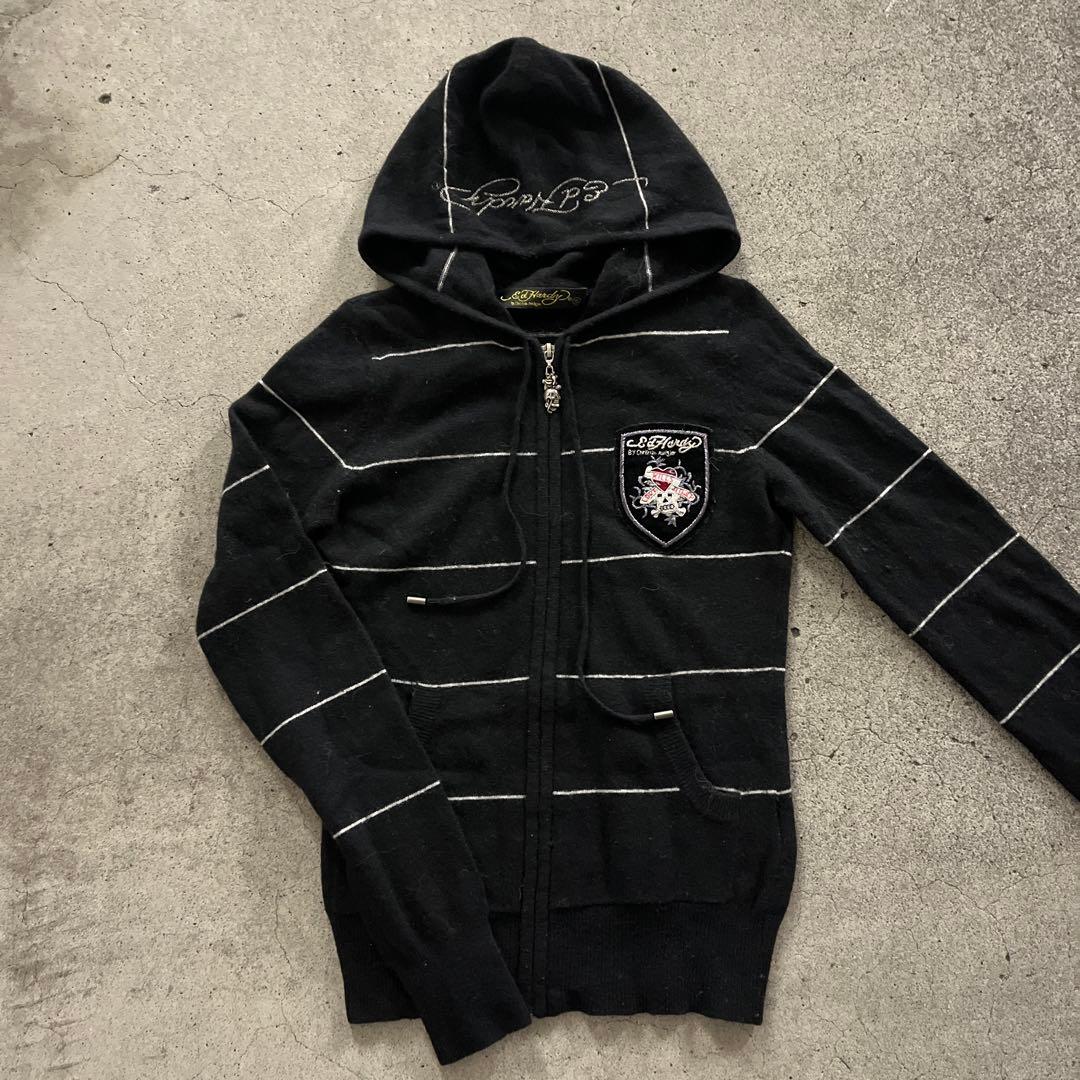 エドハーディー　ジップパーカー　 ボーダー　刺繍　ブラック　y2k平成ギャル