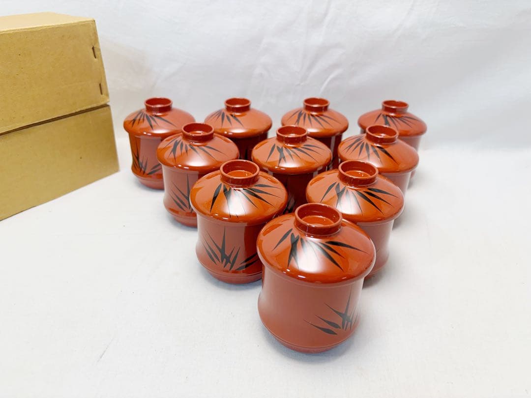 未使用 懐石道具 竹形朱塗箸洗 5客揃 黒竹蒔絵 内黒 和食器 小吸物椀 元箱