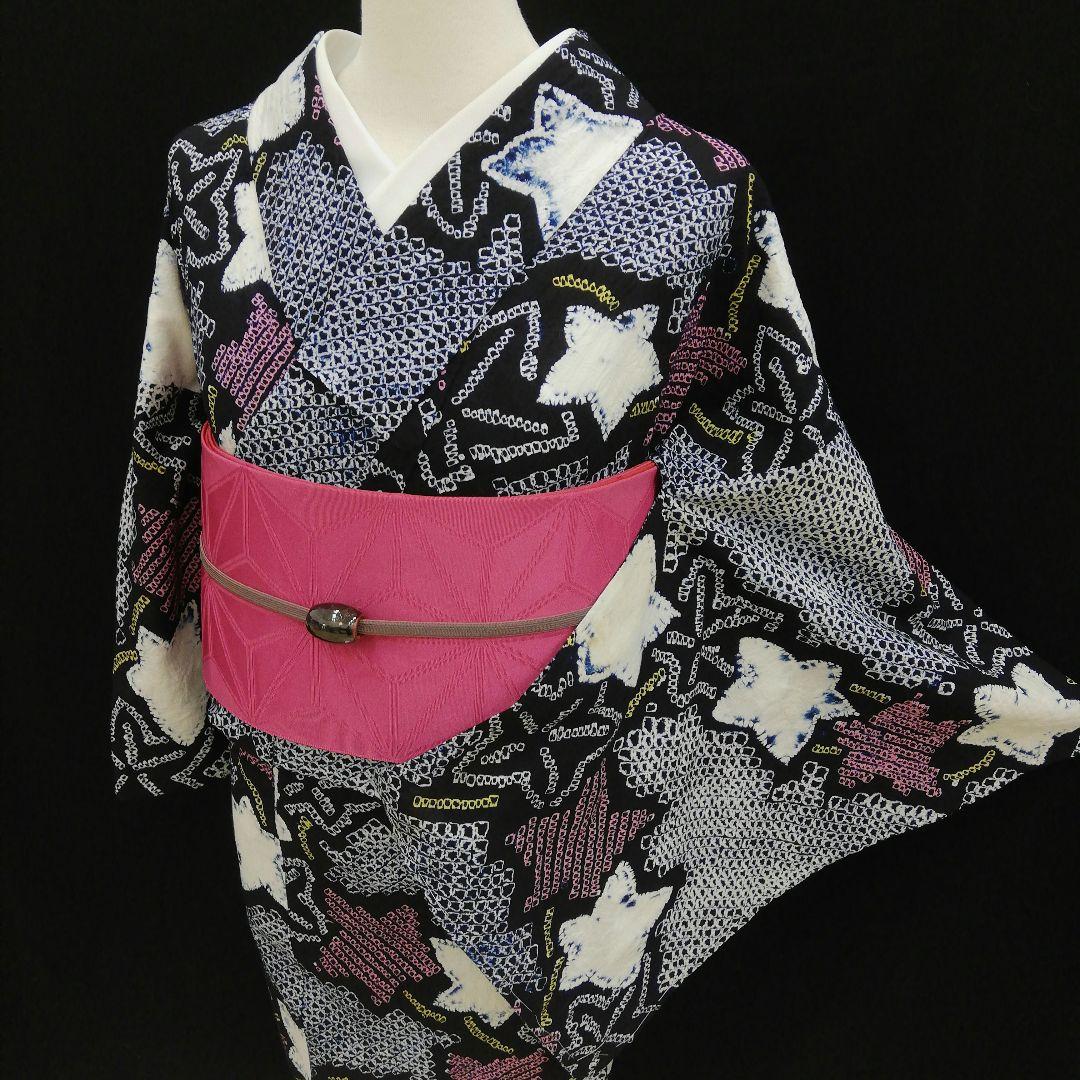 有松鳴海絞り 浴衣　(楓紋様　未使用しつけ糸付　小サイズ　やや身幅広め　藍色)