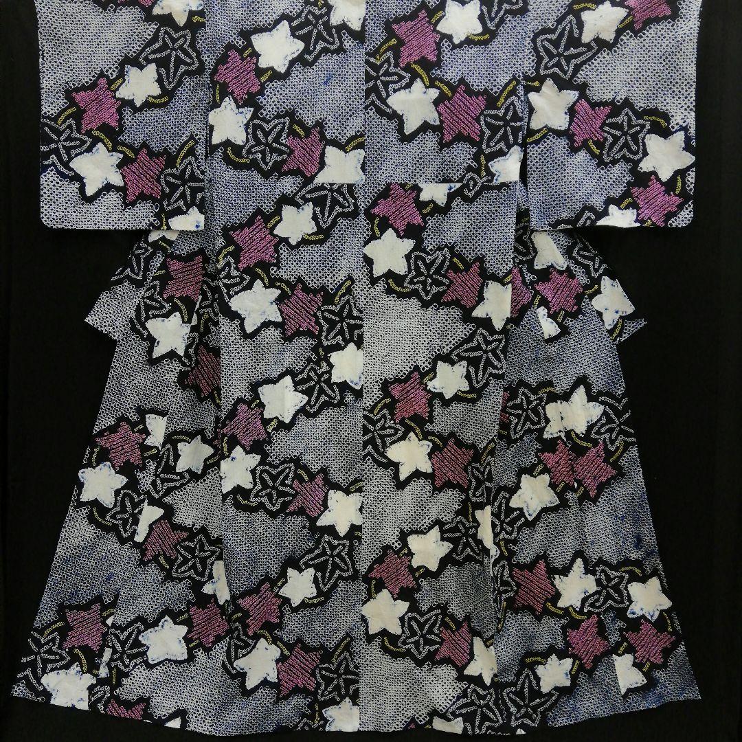 有松鳴海絞り 浴衣　(楓紋様　未使用しつけ糸付　小サイズ　やや身幅広め　藍色)