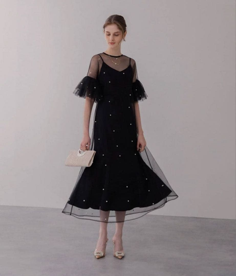 LEJA ティアードフリルスリーブレイヤードパールワンピースドレス