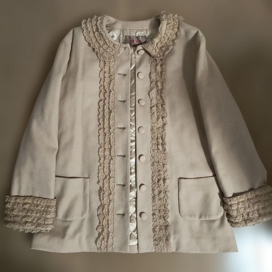 ピンクハウスフリル付きウール混紡ベージュコート（中古品）