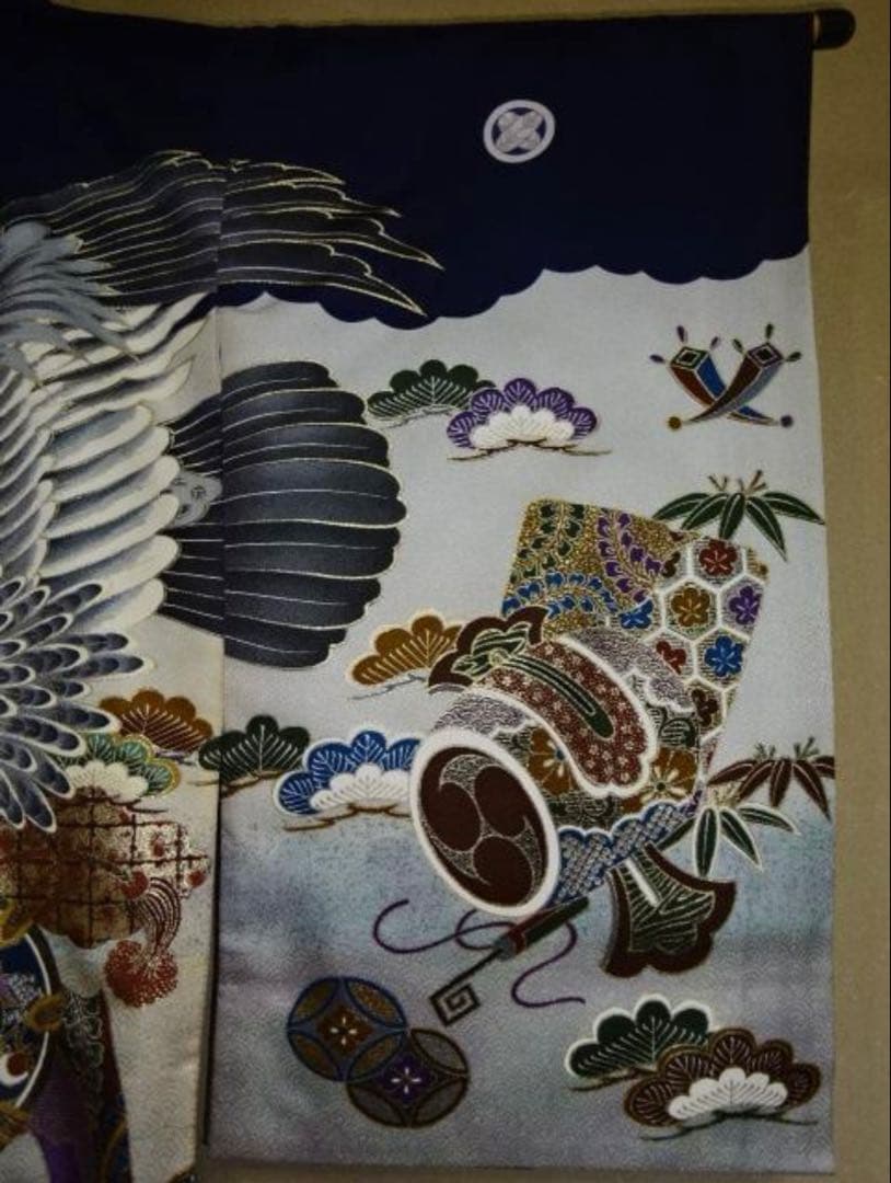 お宮参りセット　男児産着・長襦袢・帽子・よだれかけ付き　紋付　紺色金彩加工