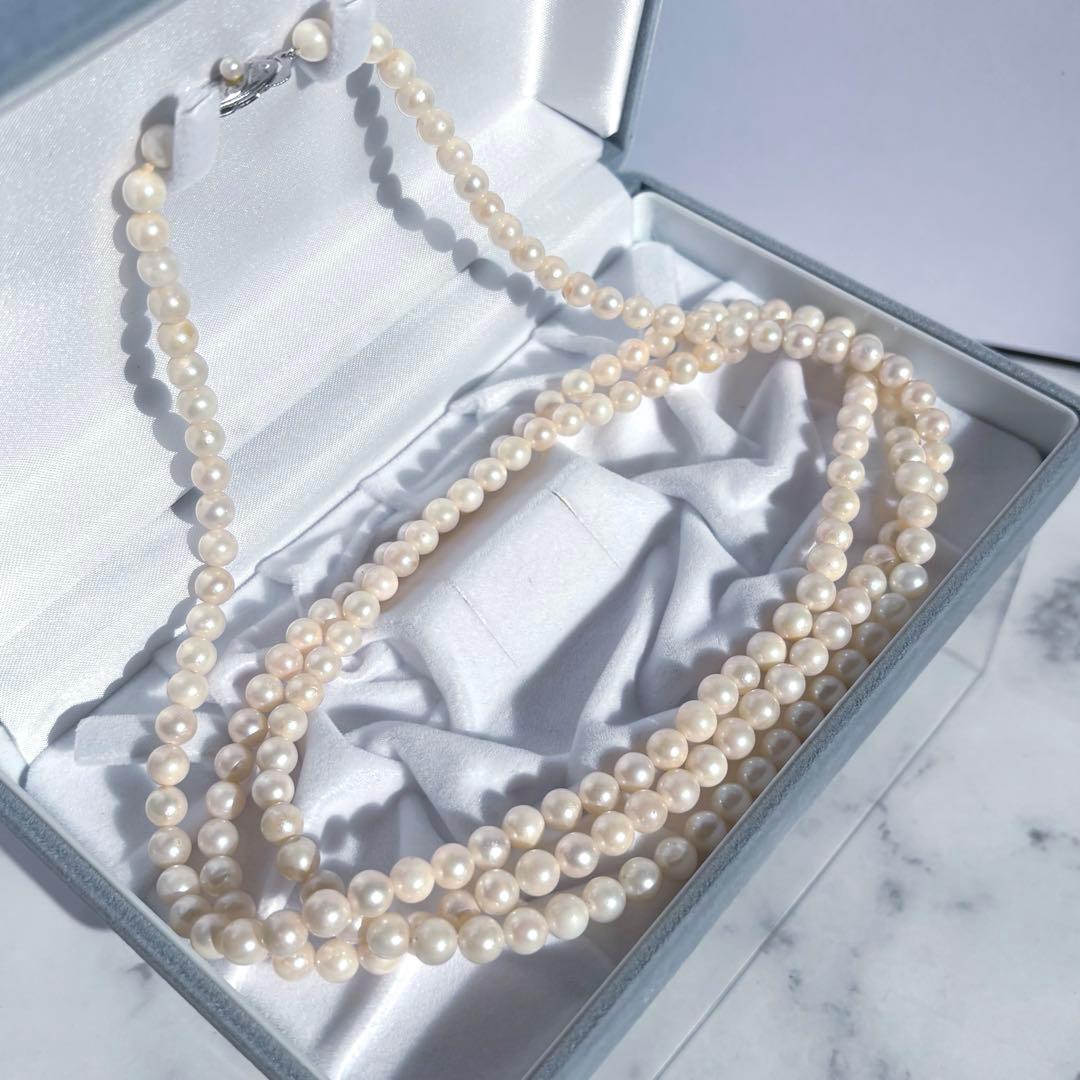 希少✨2連3連　約6.5mmあこや本真珠　120cmロングパールネックレス