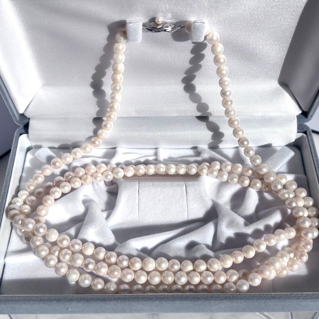 希少✨2連3連　約6.5mmあこや本真珠　120cmロングパールネックレス