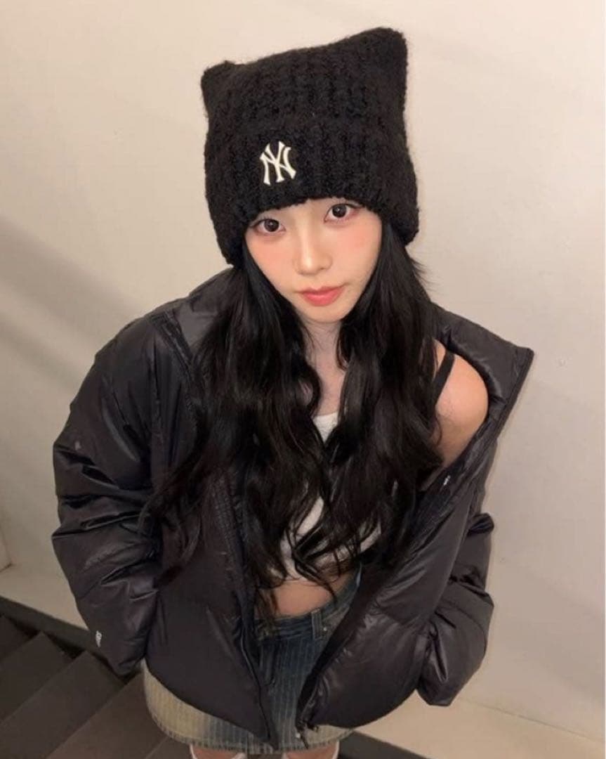 新品未開封 MLB Korea 猫耳ニット帽 黒 カリナ着用モデル 韓国限定 ③