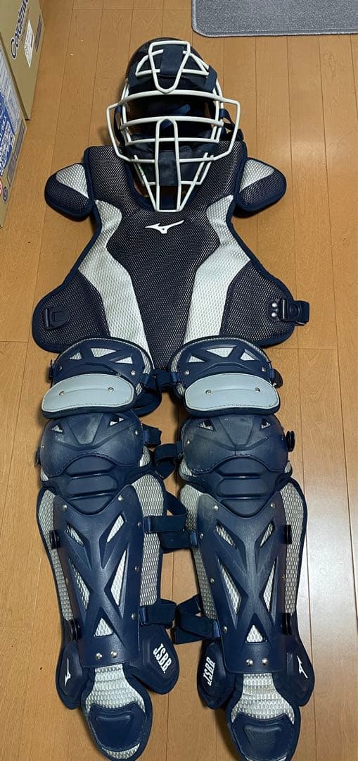 ミズノ プロキャッチャー防具一式軟式用ネイビー/ホワイト バッグ付き