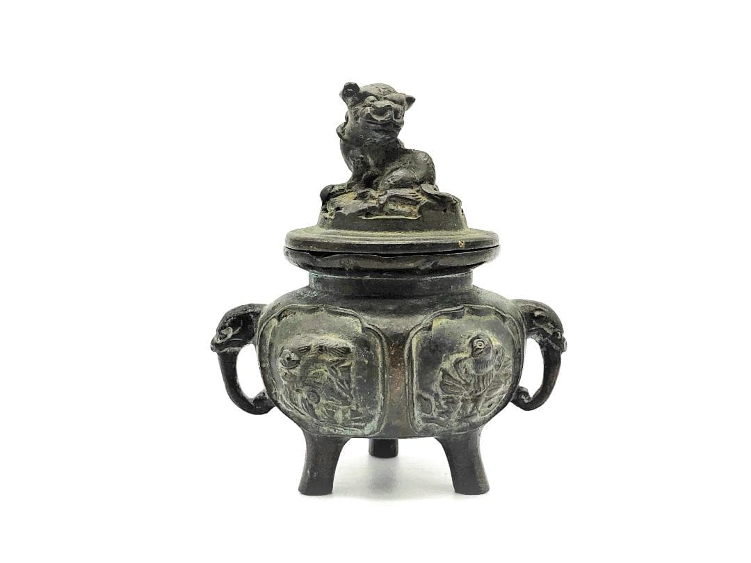 【 唐銅携行香炉 】　獅子蓋双耳三つ足　明～清古玩