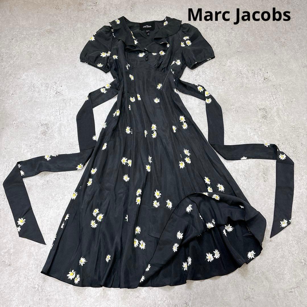 美品✨シルク100 マークジェイコブス　花柄ロングワンピース　ウエストリボン　黒