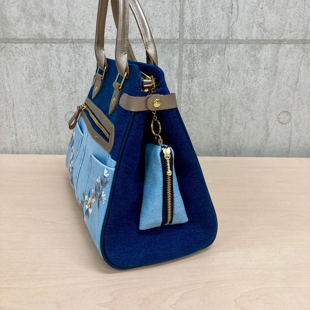 デニムリメイク　2wayハンドバッグ　刺繍花柄　本革　オーダー専用