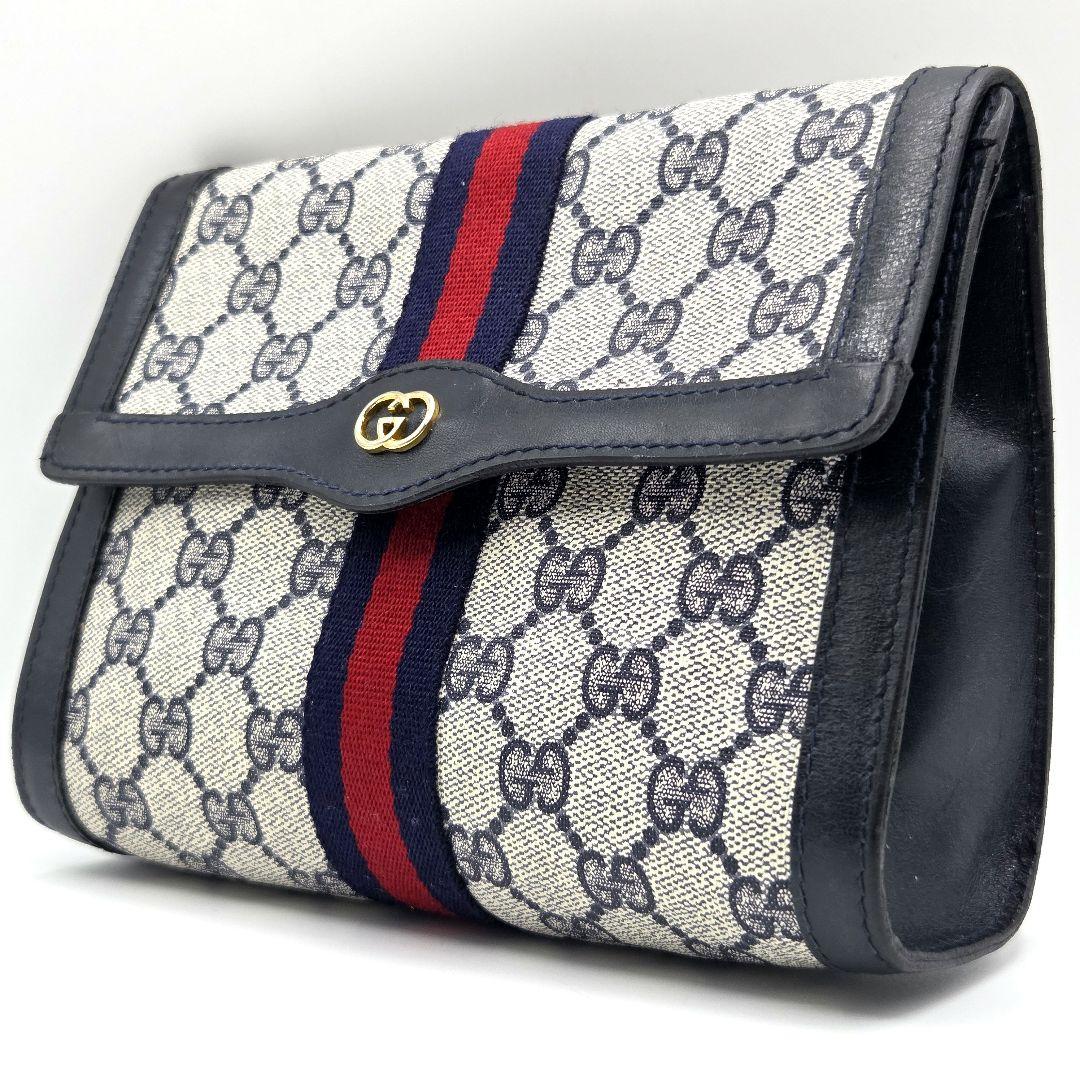 GUCCI クラッチバッグ シェリーライン GG レザー PVC ネイビー 紺