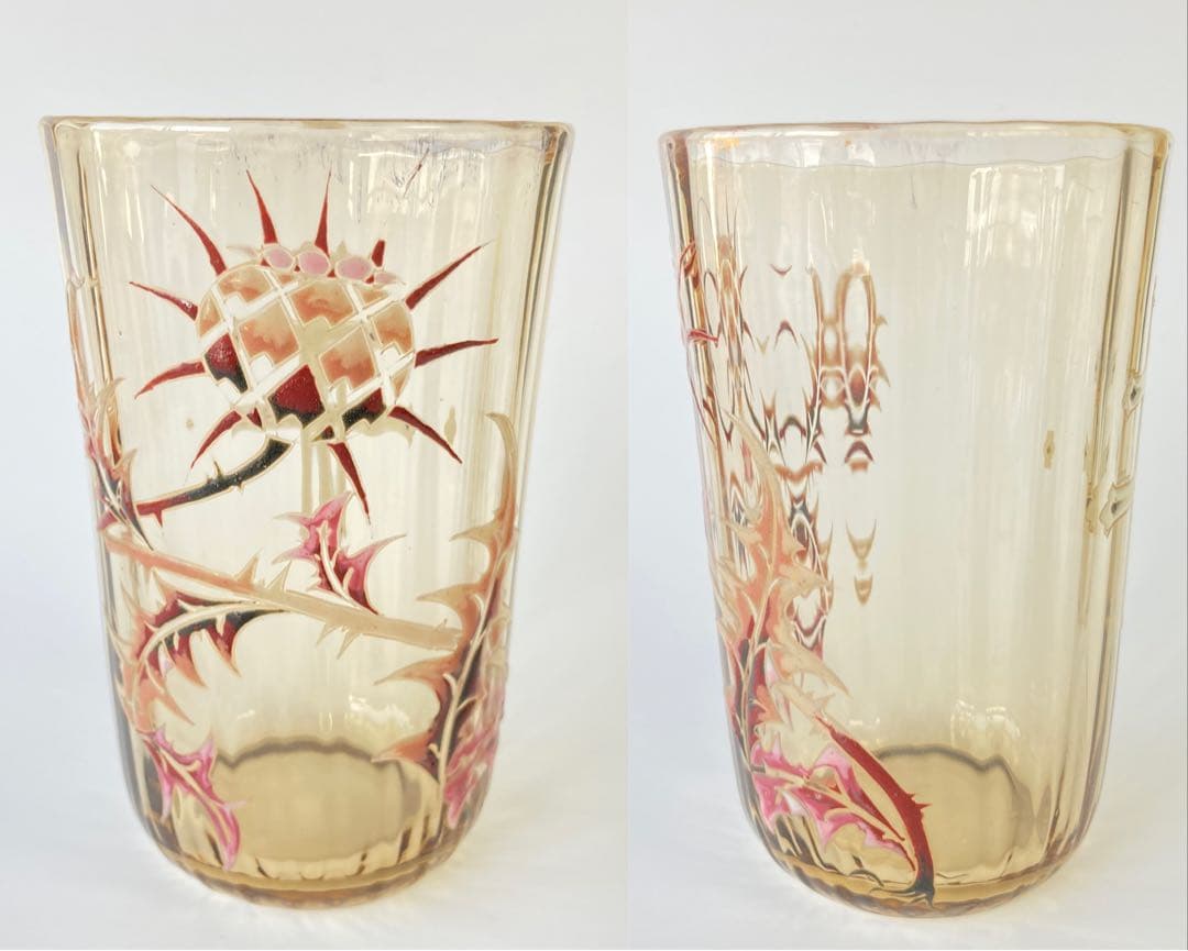 エミール・ガレ　初期　薊とロレーヌ十字文グラス　タンブラー　エナメル彩　アザミ
