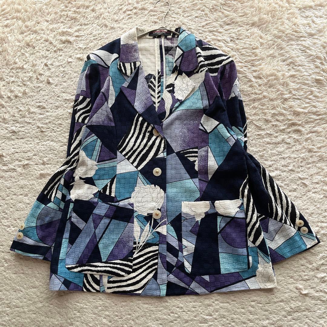 【大きいサイズXL】レオナール テーラードジャケット 総柄 コットン ネイビー