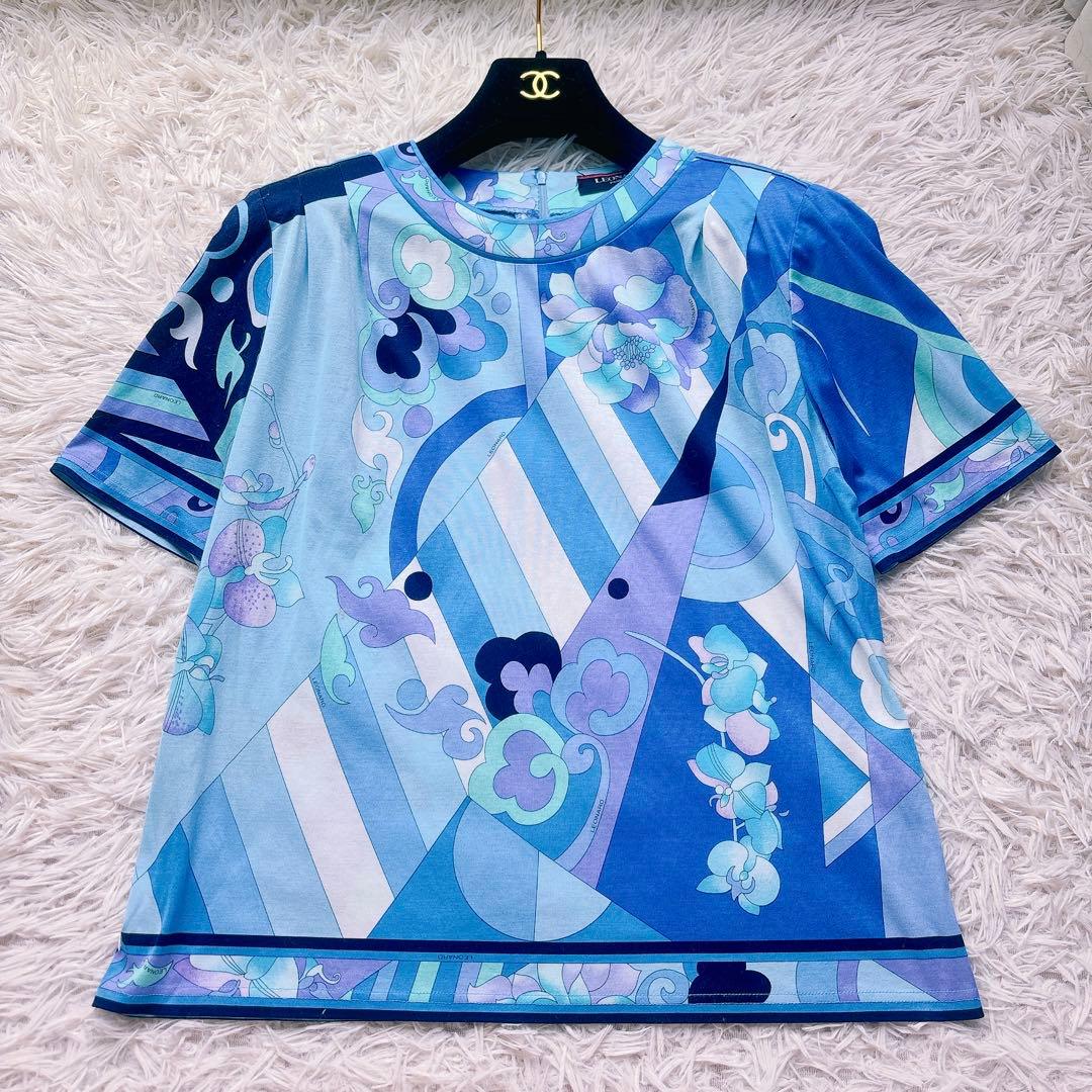 極美品✨LEONARD レオナール 半袖カットソー 花柄 トリム ブルー L