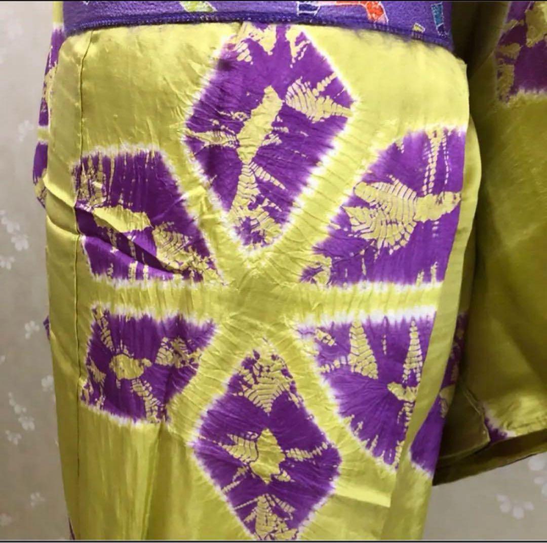 アンティークしぼり長襦袢　黄緑×紫　インパクトあり！