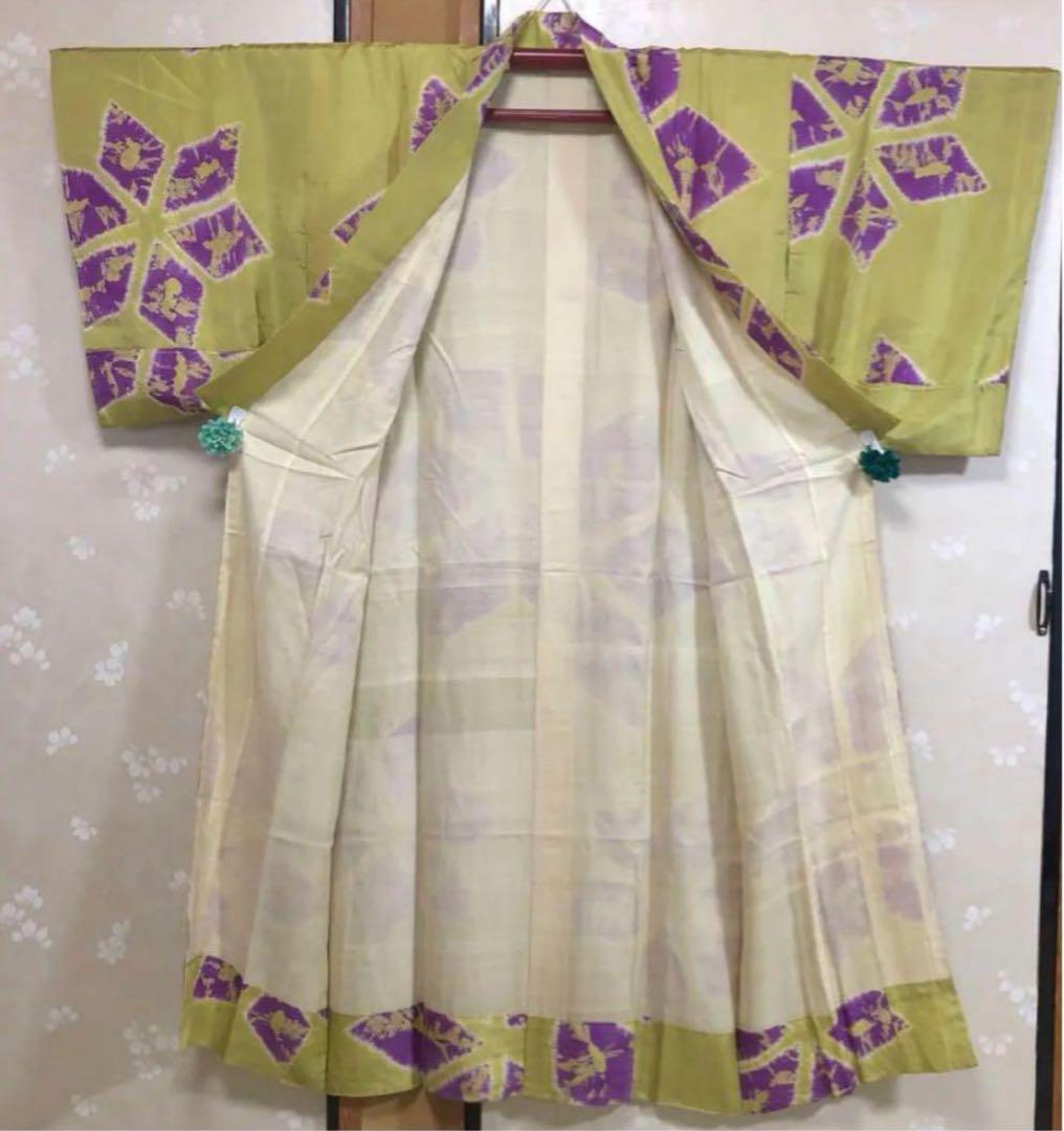 アンティークしぼり長襦袢　黄緑×紫　インパクトあり！