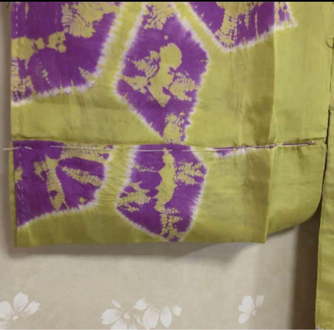 アンティークしぼり長襦袢　黄緑×紫　インパクトあり！