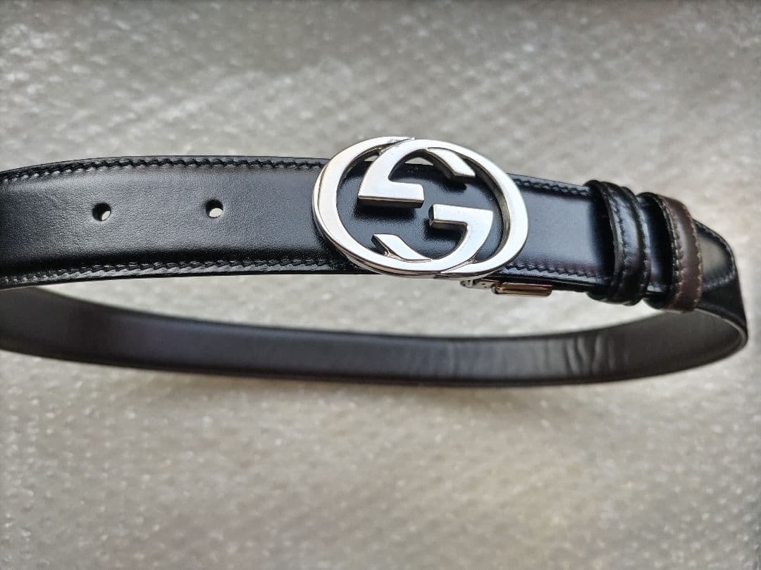 訳あり GUCCI グッチ Ladys ブラックレザー ベルト ダブルGロゴ