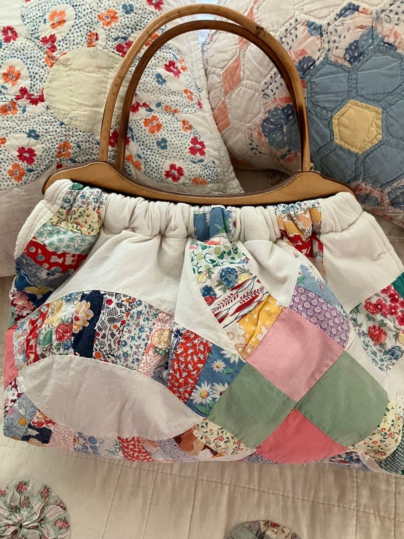 アンティークキルトトップ　ダブルウエディング　グラニーバッグ　リメイク