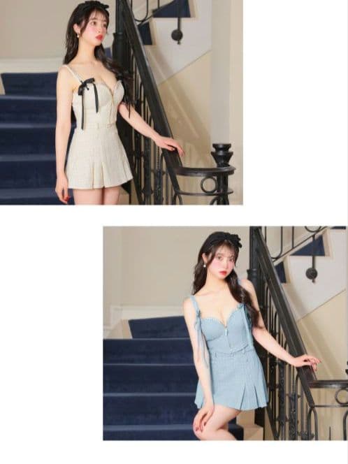 スエードリボン×チェックツイードベルトデザインセットアップドレスfm3734