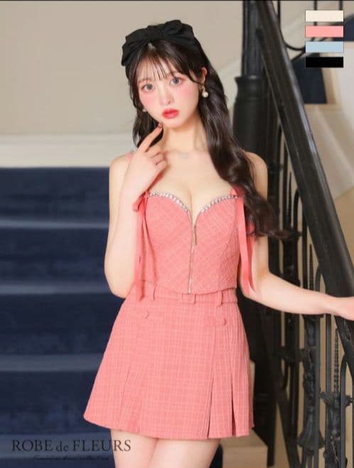 スエードリボン×チェックツイードベルトデザインセットアップドレスfm3734