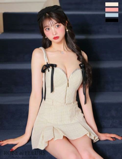 スエードリボン×チェックツイードベルトデザインセットアップドレスfm3734