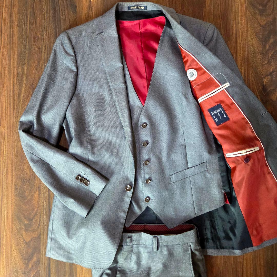 美品 パーソンズ 3ピース スーツ セットアップ YA6 グレー　メンズ