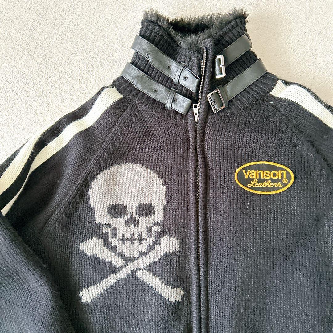 美品【VANSON】バンソン　ニットジャケット　ドクロ　スカイ　黒　メンズ L
