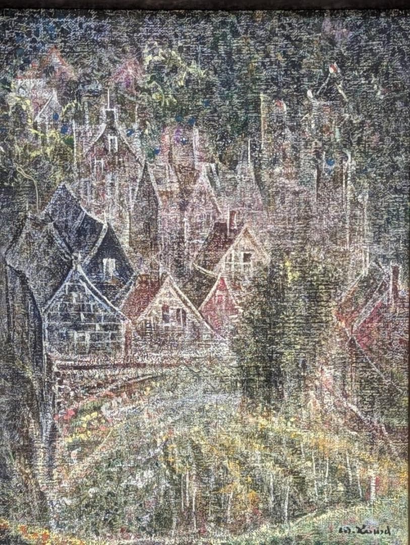 【真作】絵画　油彩6号　小さな菜園　静謐な風景画　詩情漂う山間の家並み　Y76