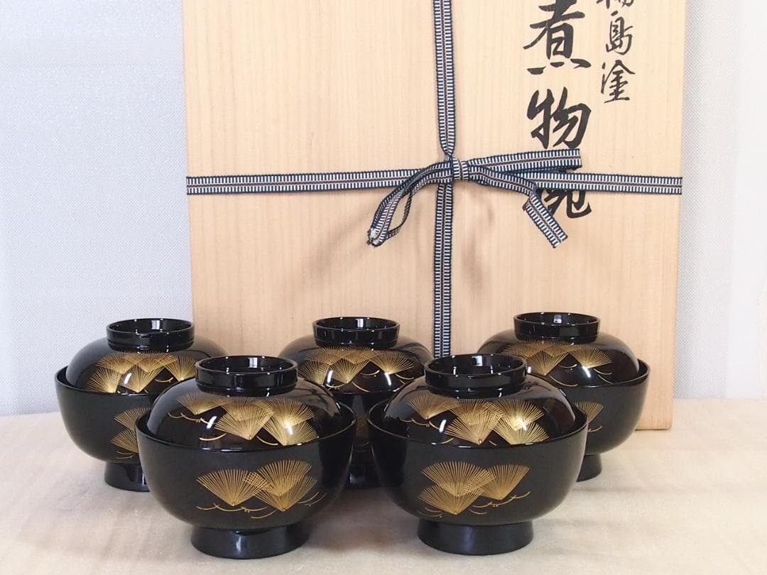 【未使用】輪島塗 五島屋謹製 西岡勇人作 寿松沈金 煮物椀 5客 雑煮椀/大椀