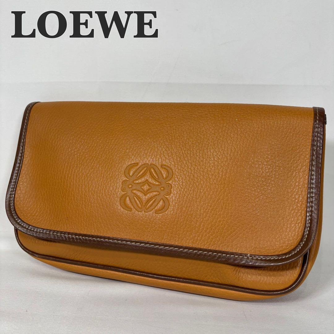 美品 ロエベ クラッチバッグ セカンドバッグ アナグラム ロゴ レザー ブラウン