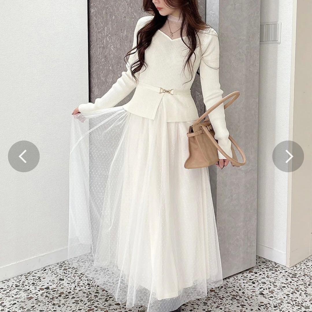 MERCURYDUO ビットニットドットチュールドッキングワンピース