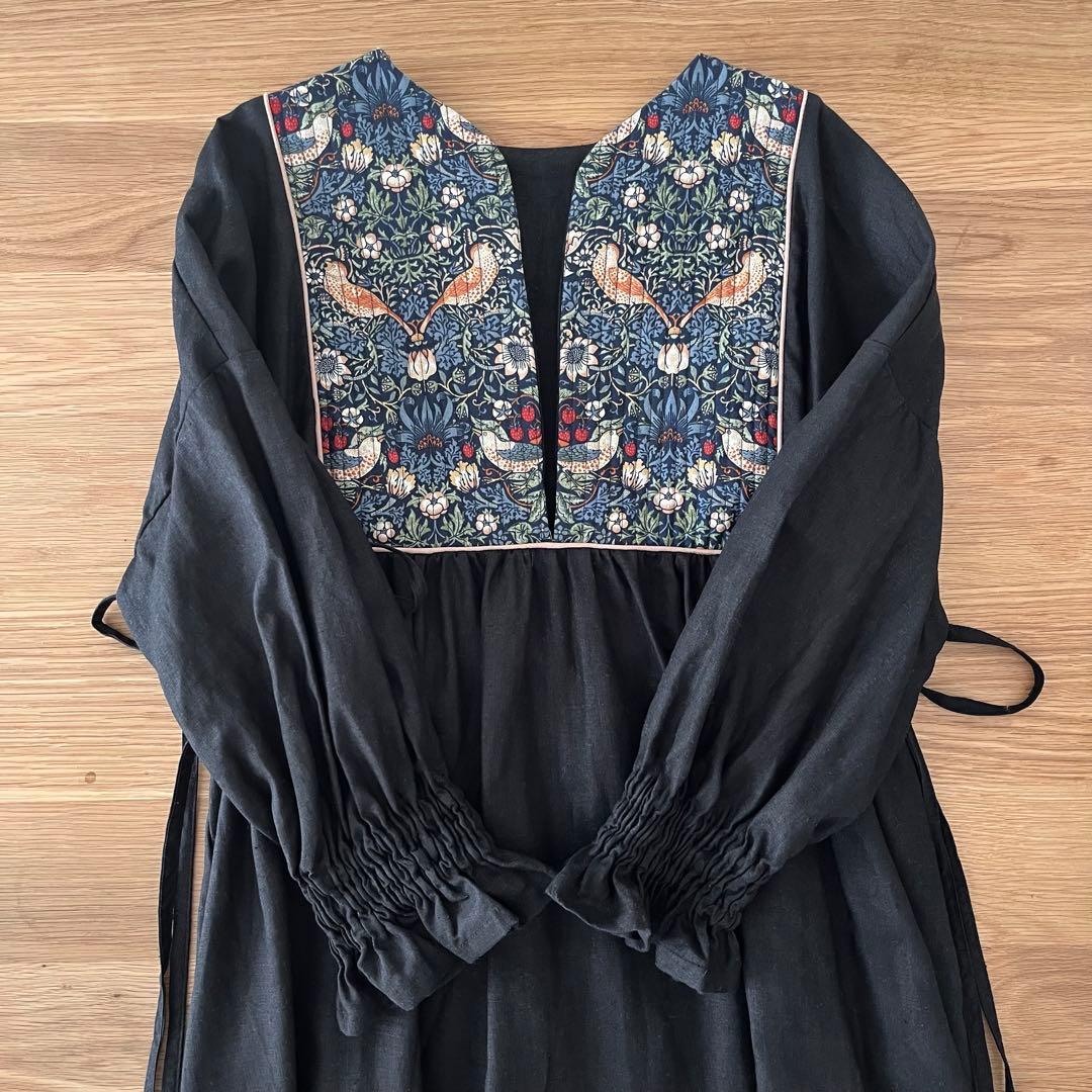 handmade ウィリアムモリスいちご泥棒×リネン ワンピース フリーサイズ