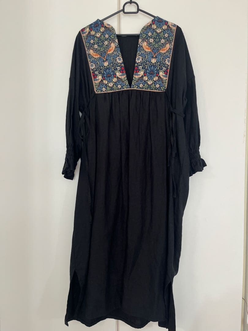 handmade ウィリアムモリスいちご泥棒×リネン ワンピース フリーサイズ