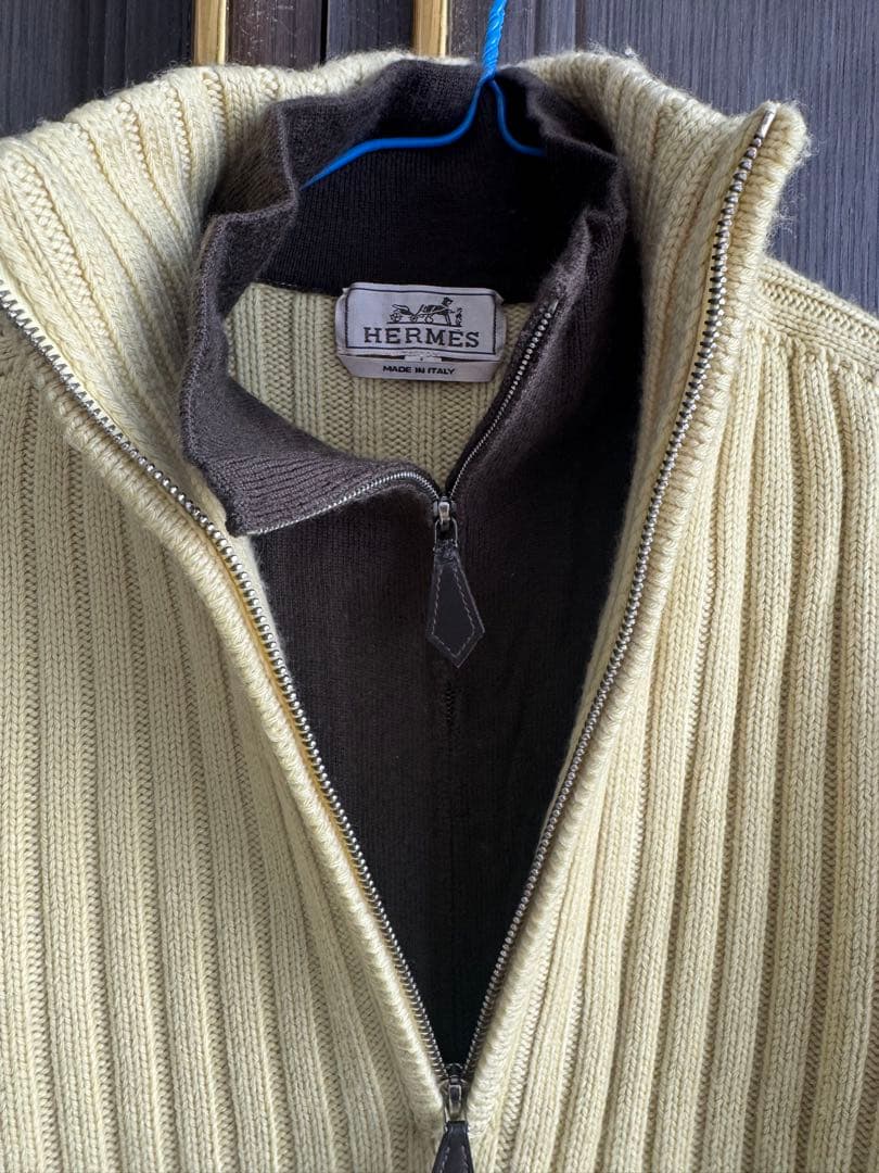 HERMES リブ編みハーフジップニット L