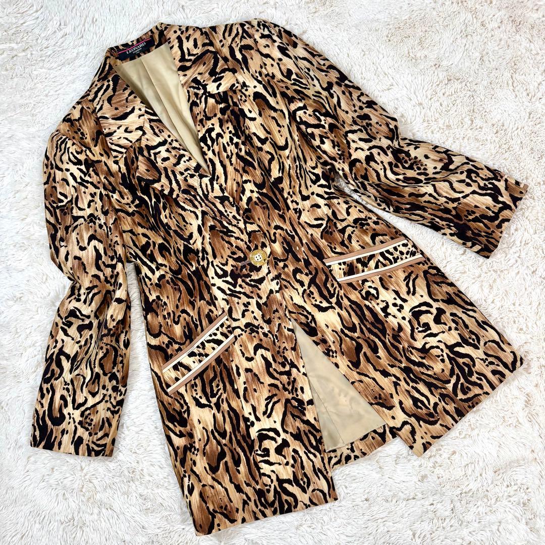 レオナール テーラード ジャケット 1釦 レオパード 豹柄 ウール シルク混