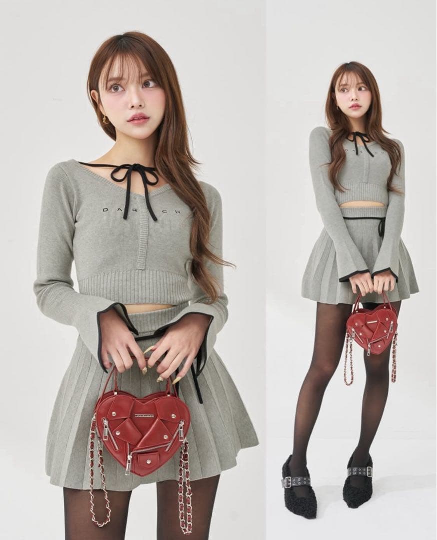 Darich ウエストオープンリボンデザインニットミニワンピース グレー