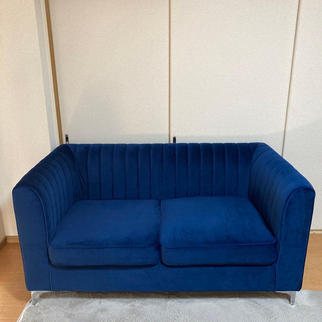 【3/18までの出品です！】ネイビーブルー ストライプデザインソファ　ベロア生地