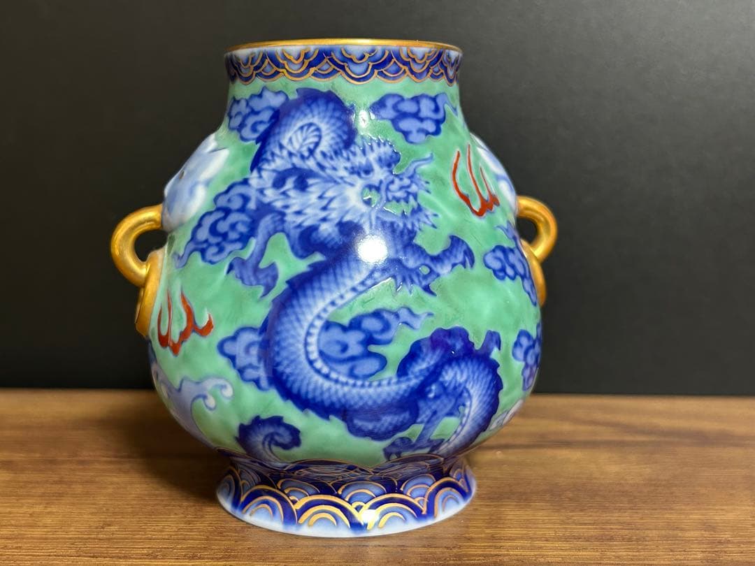 深川製磁 鬼面龍朱雀文花瓶 壺 花瓶 飾り壺