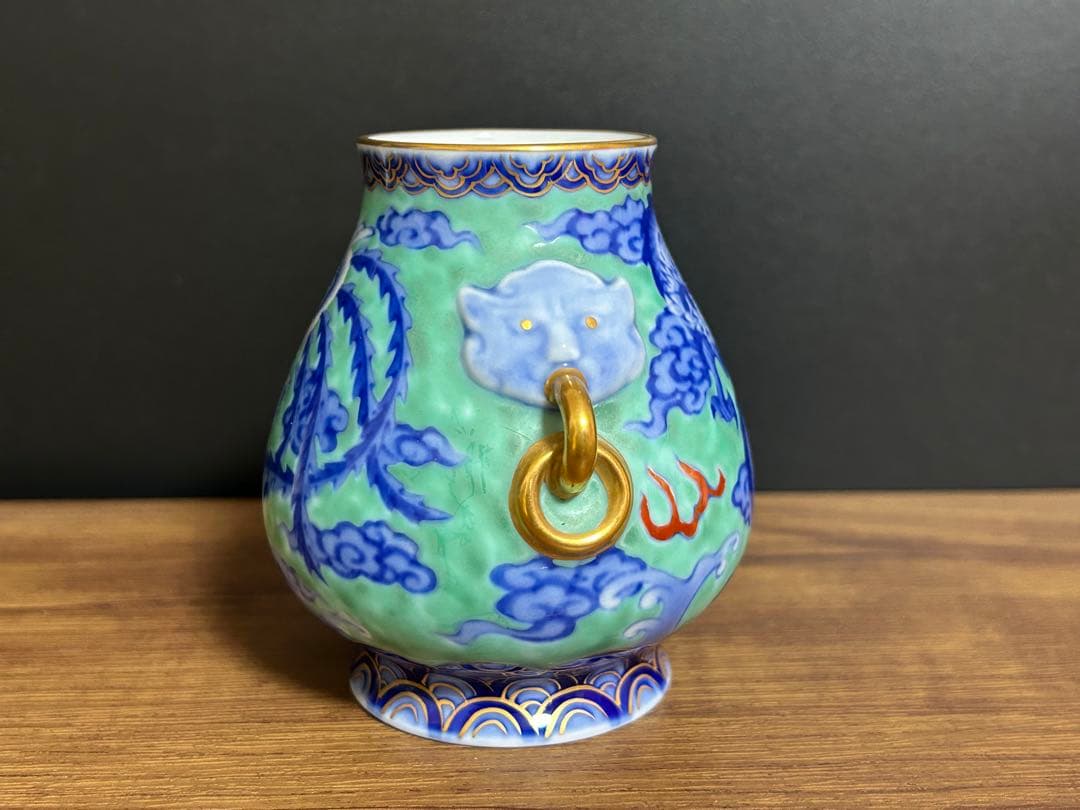 深川製磁 鬼面龍朱雀文花瓶 壺 花瓶 飾り壺