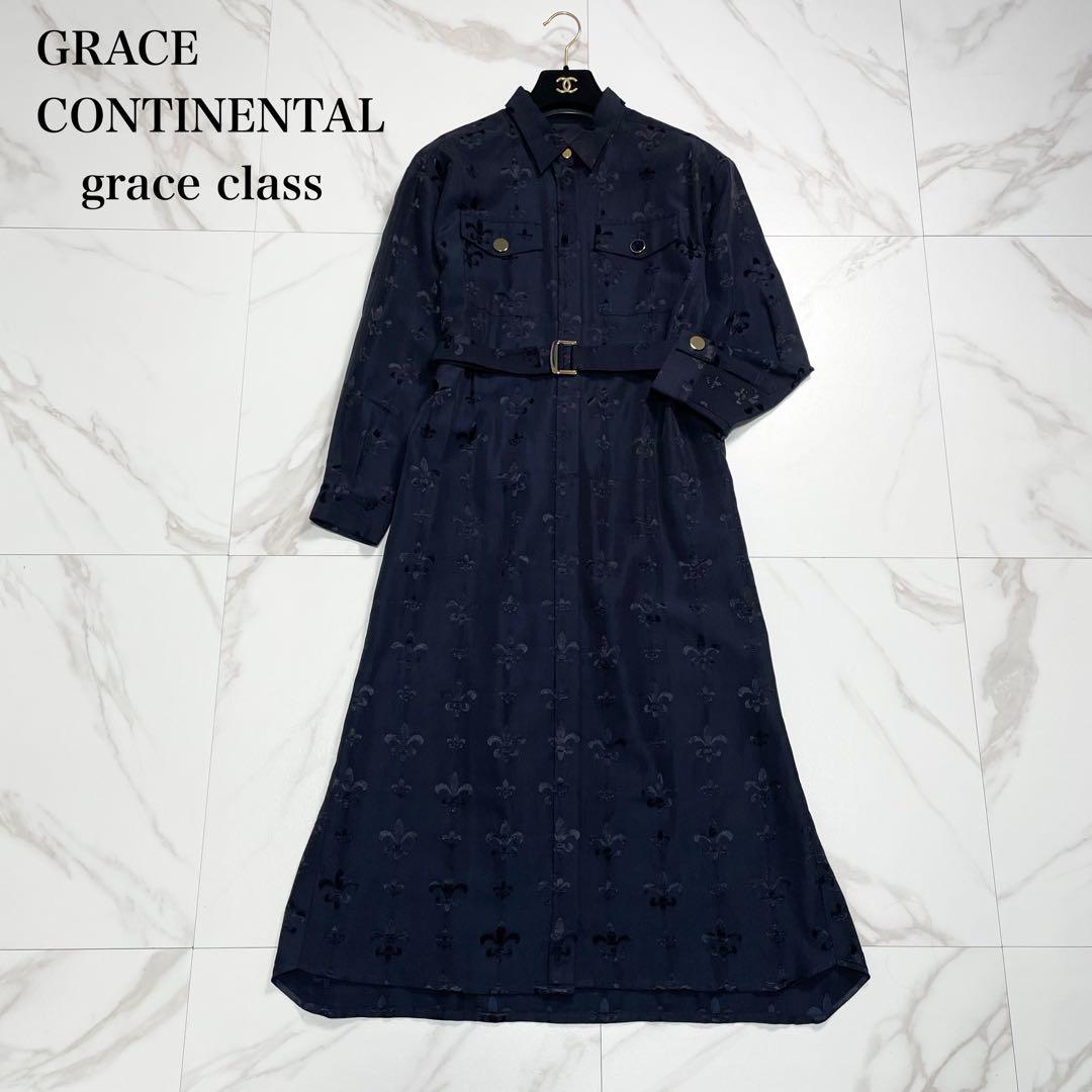 近年✨グレースコンチネンタル グログランジャガードシャツドレス 花柄 ネイビー